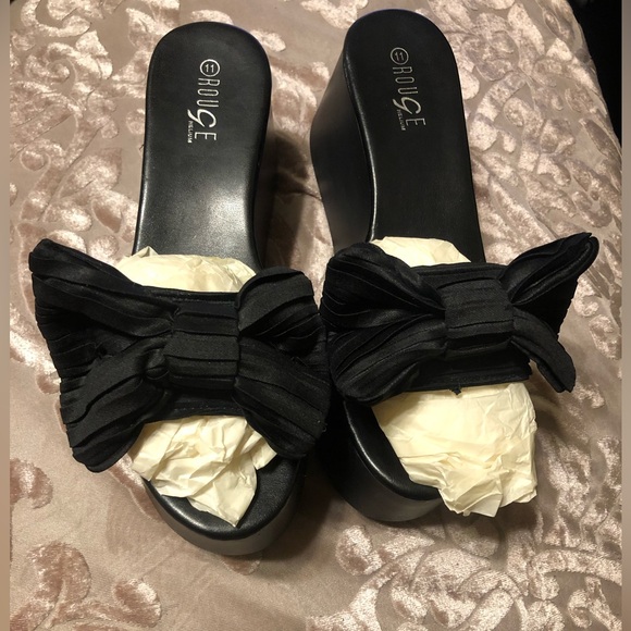Black Sandal Wedge w Black Bow Open Toe - Picture 2 of 6